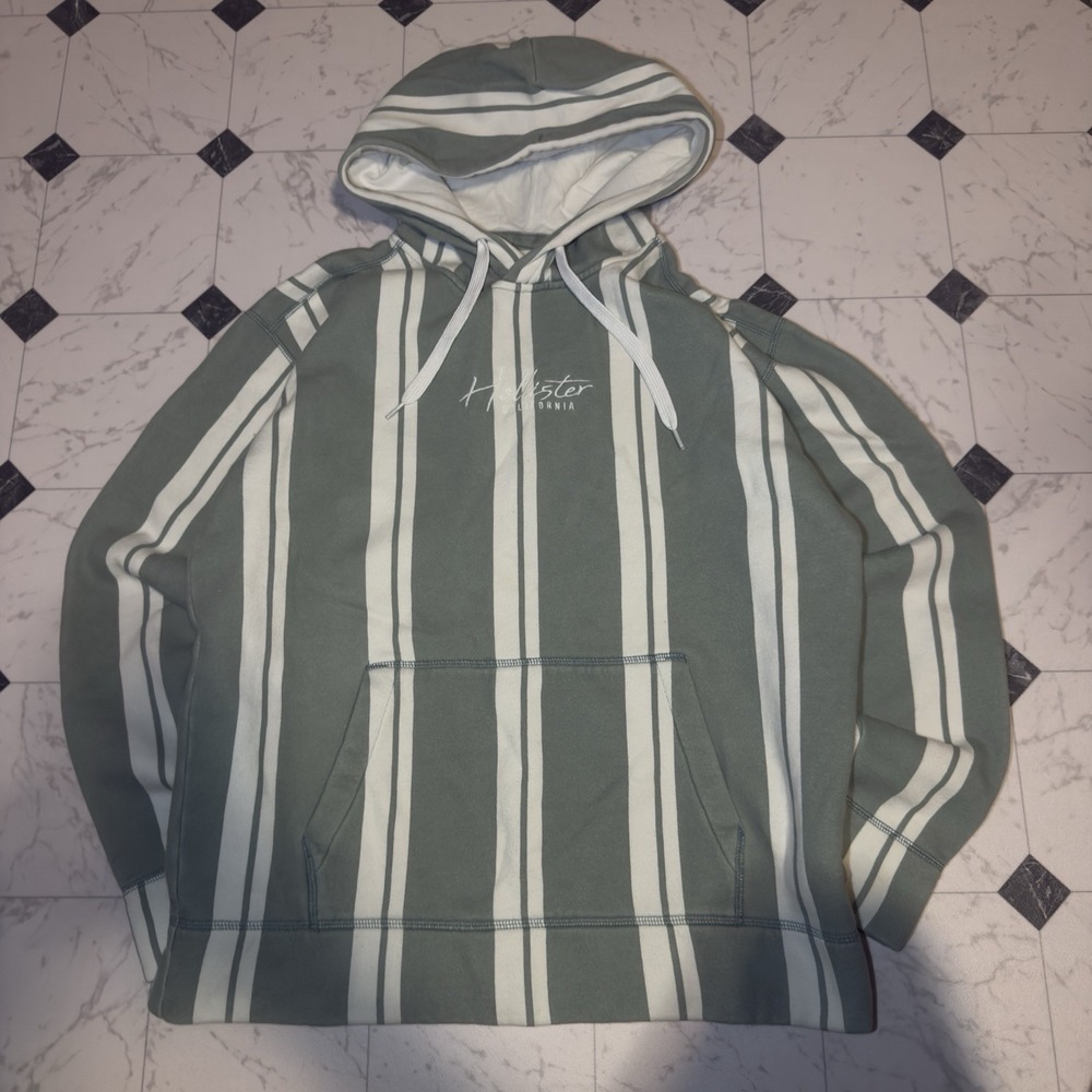 Hollister Striped Hoodie Mens Large Sage Green Cream Embroidered Logo Pullover